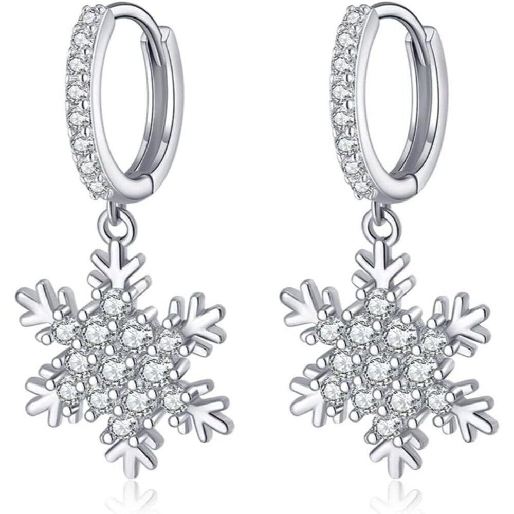 Solid 925 Sterling Silver Sparkling CZ Snowflake Hoop Earrings for Women Teens S